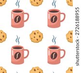 Pink mug of coffee, tea, hot chocolate, cocoa with Chocolate Chip Cookie seamless pattern. Cartoon vector illustration. Hand drawn cup with steam and coffee bean illustration on it