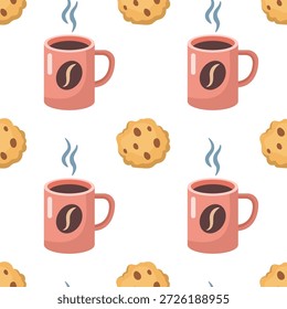 Caneca rosa de café, chá, chocolate quente, cacau com Chocolate Chip Cookie sem costura padrão. Ilustração de vetor de desenhos animados. Xícara desenhada à mão com ilustração de feijão de café e vapor nele