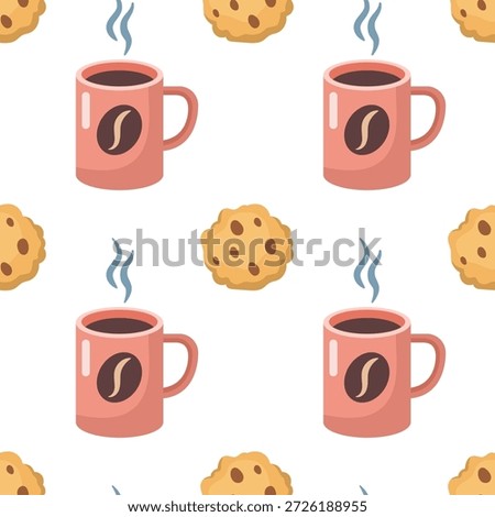 Pink mug of coffee, tea, hot chocolate, cocoa with Chocolate Chip Cookie seamless pattern. Cartoon vector illustration. Hand drawn cup with steam and coffee bean illustration on it