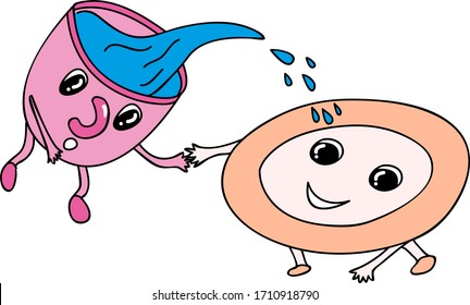 
a pink mug with eyes flies scared down and is afraid to spill hot water. But her girlfriend plate comes to the rescue