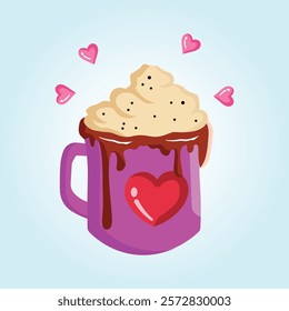 A pink mug filled with hot chocolate, topped with whipped cream, chocolate drizzle, and hearts. Perfect for Valentine's Day