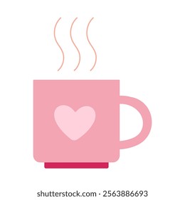 A pink mug with a heart on it is filled with steam. The steam is rising from the cup, creating a cozy and warm atmosphere. The heart symbolizes love and affection