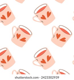 taza rosa con patrón cardíaco - fondo romántico. La ilustración vectorial puede utilizarse para envolver papel, diseño de portada. 