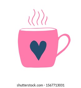 Pink mug with heart in simple flat style. Happy Valentine's day vector doodle illustration for design and decor.