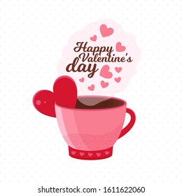 Pink mug with hot chocolate, coffee or cocoa and a red heart. Space for text with the inscription happy Valentine's day. Postcard or banner for Valentine's day. Cute cartoon. Warming drink in winter.