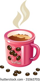 Pink mug with hot coffee. Vector illustration. Design elements are isolated on with background.