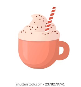 Pink mug with hot dessert drink, coffee, cacao decorated with cream and cocktail tube. Flat cartoon style.