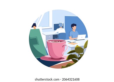 Pink mug put on office desk vector illustration. Full cup with coffee drink, left beverage flat style. Break for drink, tableware concept