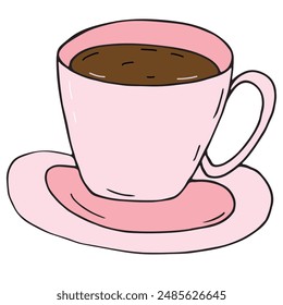 pink mug with saucer with drink, coffee or cocoa, vector colored doodle element, cute design element