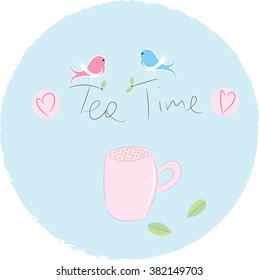 Pink mug of tea, with a "tea time" hand writing and beautiful birds above