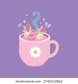 Pink mug vector illustration on violet background. Pink hot chocolate cup art. Hot cocoa spring drink with roses and tulips marshmallow  for cafe design menu and web.