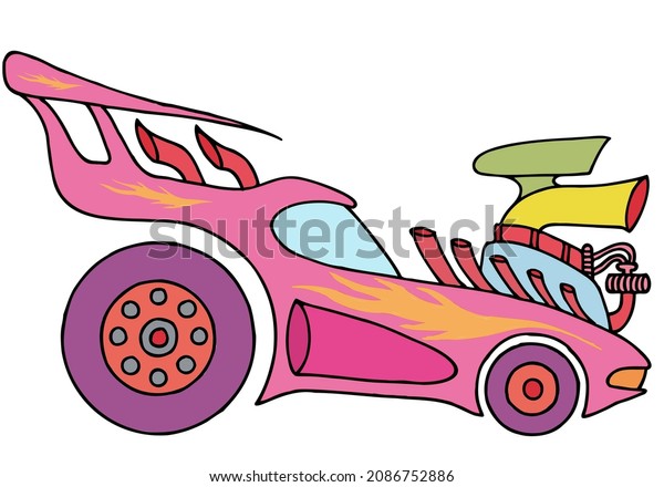 Pink muscle car with painted yellow flames in a\
doodle style. Hand Drawn.