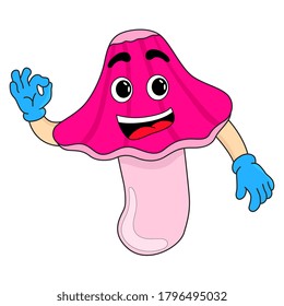 pink mushroom cartoon mascot with cheerful face