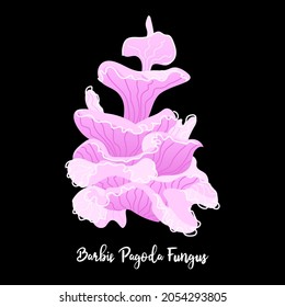 Pink mushroom isolated on black background. Fantasy, magic forest scene. Barbie pagoda fungus. Neon colors.