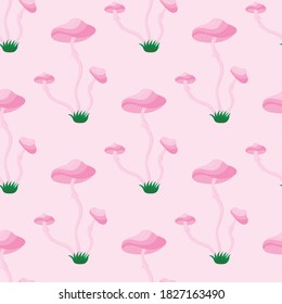 pink mushrooms toadstool, seamless pattern, vector illustration
