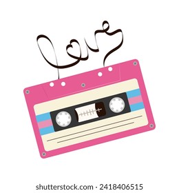Pink music cassette. The inscription love made from analog magnetic audio tape. Favorite retro songs concept.