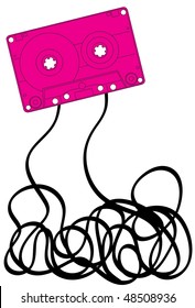 Pink music cassette with jumbled mess of tape below