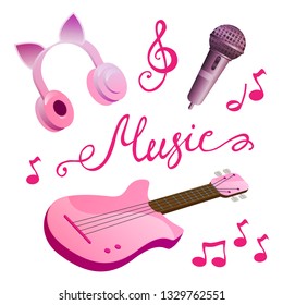 Pink music devices set vector illustration
