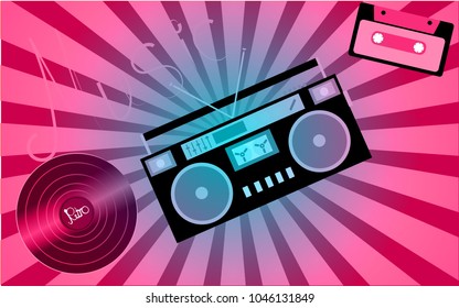Pink musical analogue retro old hipster vintage gramophone vinyl record audiocassette music tape recorder from the 80's 90's and an inscription music on the background of the rays. Vector illustration