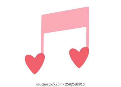 Pink musical note with red heart-shaped accents. Love and romantic melody illustration for Valentine's Day designs.