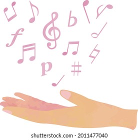 Pink musical notes floating on the outstretched hand