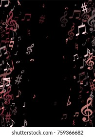 Pink musical notes flying isolated on black background. Stylish musical notation symphony signs, notes for sound and tune music. Red vector symbols for melody recording, prints and back layers.