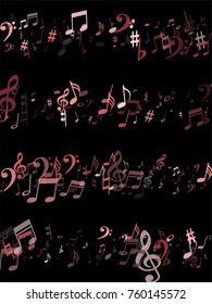 Pink musical notes flying isolated on black background. Stylish musical notation symphony signs, notes for sound and tune music. Red vector symbols for melody recording, prints and back layers.