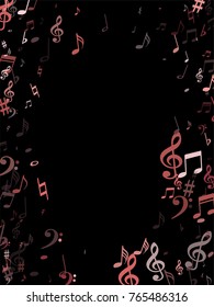 Pink musical notes flying isolated on black background. Stylish musical notation symphony signs, notes for sound and tune music. Red vector symbols for melody recording, prints and back layers.