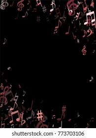 Pink musical notes flying isolated on black background. Stylish musical notation symphony signs, notes for sound and tune music. Red vector symbols for melody recording, prints and back layers.