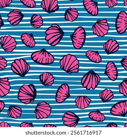 Pink Mussels seamless repeat pattern. Horizontal lined, hand drawn sea shell aop all over surface print on blue and white striped background.