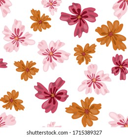 Pink and mustard flowers on white background pattern