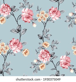 pink and mustered vector flowers with grey leaves pattern on blue background