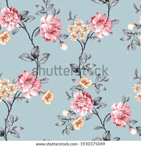 pink and mustered vector flowers with grey leaves pattern on blue background