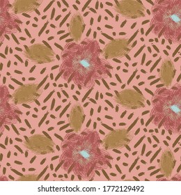 Pink and mustrad blooms on spotted background seamless vector pattern. Decorative feminine surface print design for fabrics, stationery, scrapbook paper, packaging, gift wrap, and home decor.
