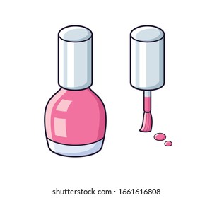 Pink nail polish bottle and brush with drops isolated