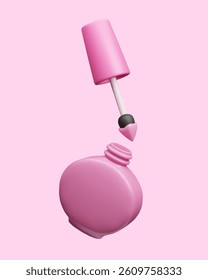 Pink nail polish bottle with brush applicator 3D style cute cartoon vector illustration. Manicure beauty cosmetic product, pedicure salon accessory. Skincare treatment glossy lacquer bottle 3D render.