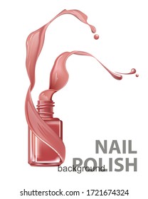 Pink nail Polish bottles with beautiful splashes of nail Polish on white background.Template Vector for advertising Your product. 3D realistic detailed mockup. Beauty and cosmetics background. 