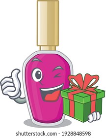 Pink nail polish cartoon character concept with a big gift box. Vector illustration