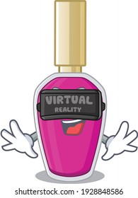 Pink nail polish cartoon image play a game with Virtual Reality headset. Vector illustration