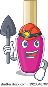 Pink nail polish cartoon image design as a miner with tool and helmet. Vector illustration