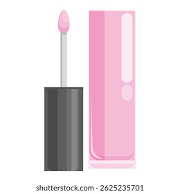 Pink nail polish in a clear glass bottle with a black lid is standing open with the applicator brush pulled out