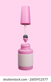 Pink nail polish lacquer bottle with brush applicator 3D style vector illustration. Beauty makeup cosmetic product manicure pedicure accessory. Nail polish brush with paint drop 3D design mockup.