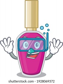 Pink nail polish mascot design swims with diving glasses. Vector illustration