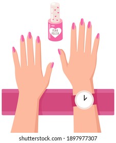 Pink nail polish and a woman's hands with a painted nails, varnish manicure salon accessory on white. Nail rose polish bottle with cap with hearts, cute container with lacquer, hand care and beauty