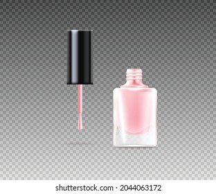 Pink nail varnish in a glass bottle opened template, realistic vector illustration isolated on transparent background. Decorative nail enamel or polish for manicure.