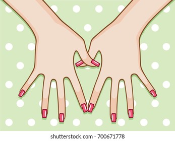 Pink nails on polka dot background.