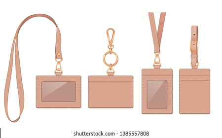 Pink name tags, card holders, ID badge cases with front window/ plastic membrane shield and slot in at the back, neck strap or key chain/ key ring, vector illustration sketch template isolated