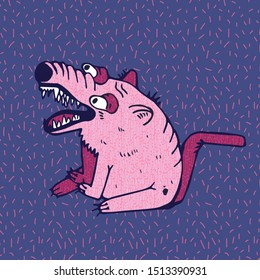 pink nasty ugly crazy dog character showing teeth, scary derpy doggy, flat texturized shapes