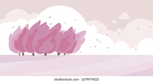 Pink natural background. 들이 There are flower trees and petals blow in the wind. Wide plains. flat design style minimal vector illustration.