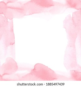 Pink natural watercolor texture in a white square shape frame with place for your text. Modern graphic design. Vector banner. Hand drawn monochrome design element.